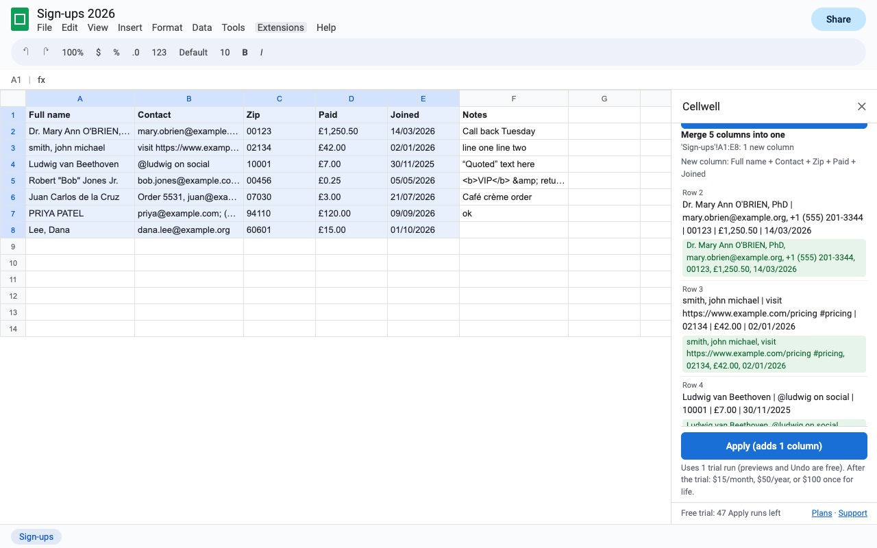 Cellwell: Merge own formats