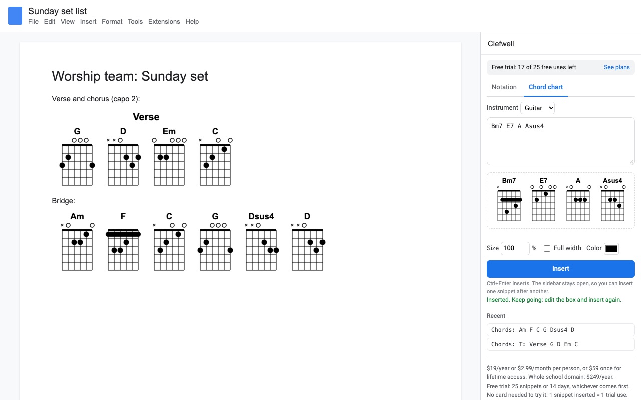 Clefwell: Chord charts