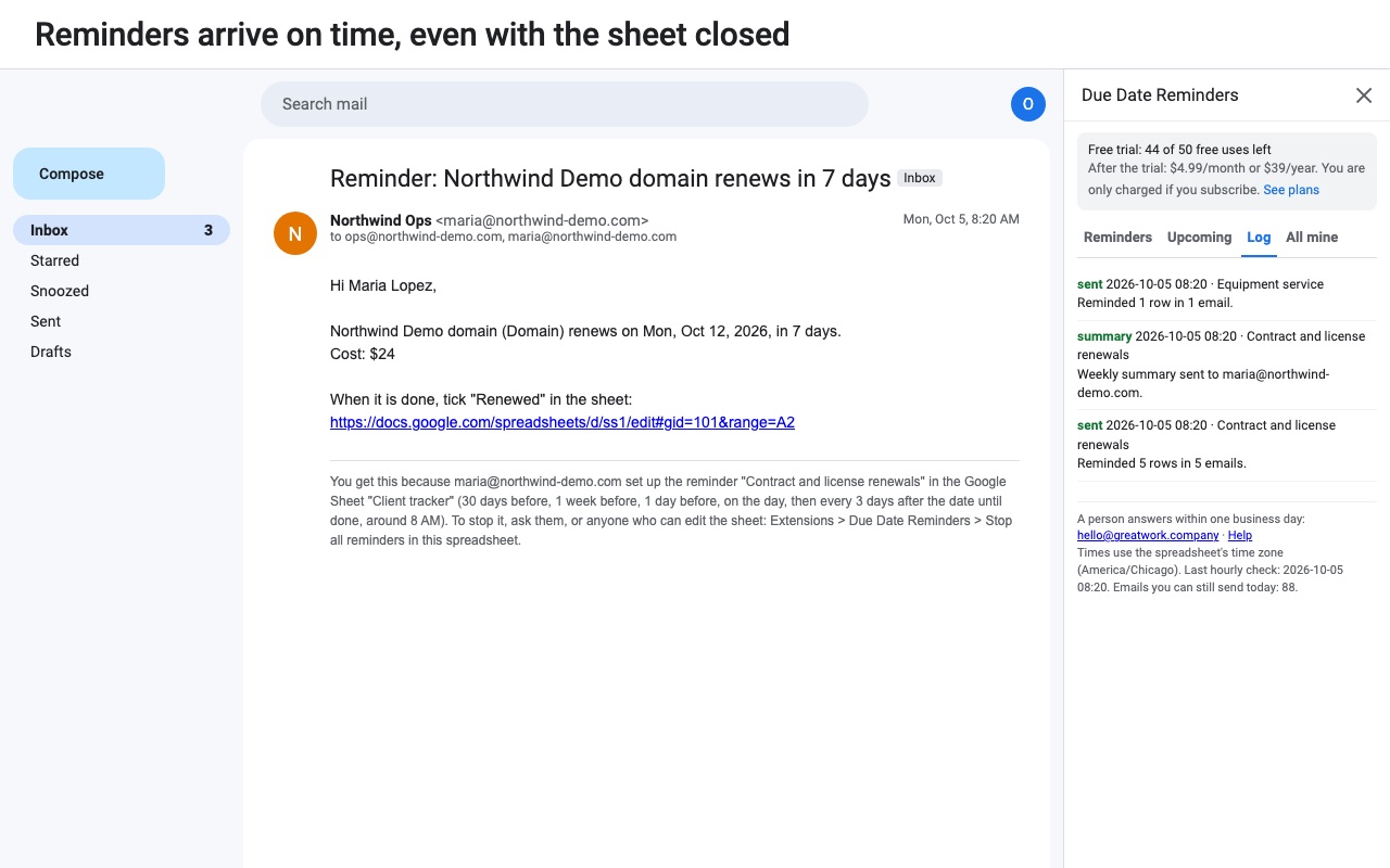 Due Date Reminders: Email on time