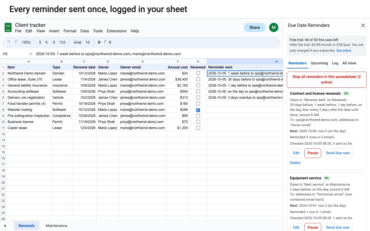 Due Date Reminders: Logged in sheet