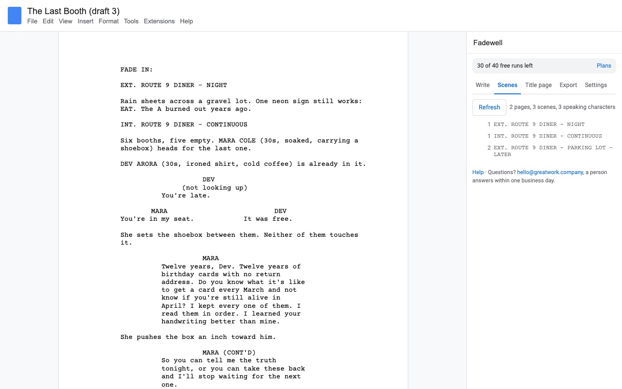 Fadewell: Scene list with pages