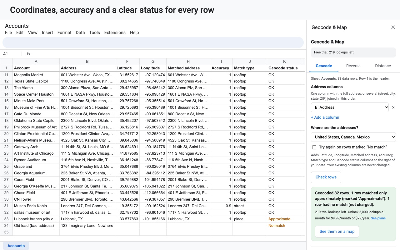 Geocode & Map Addresses: Geocoded
