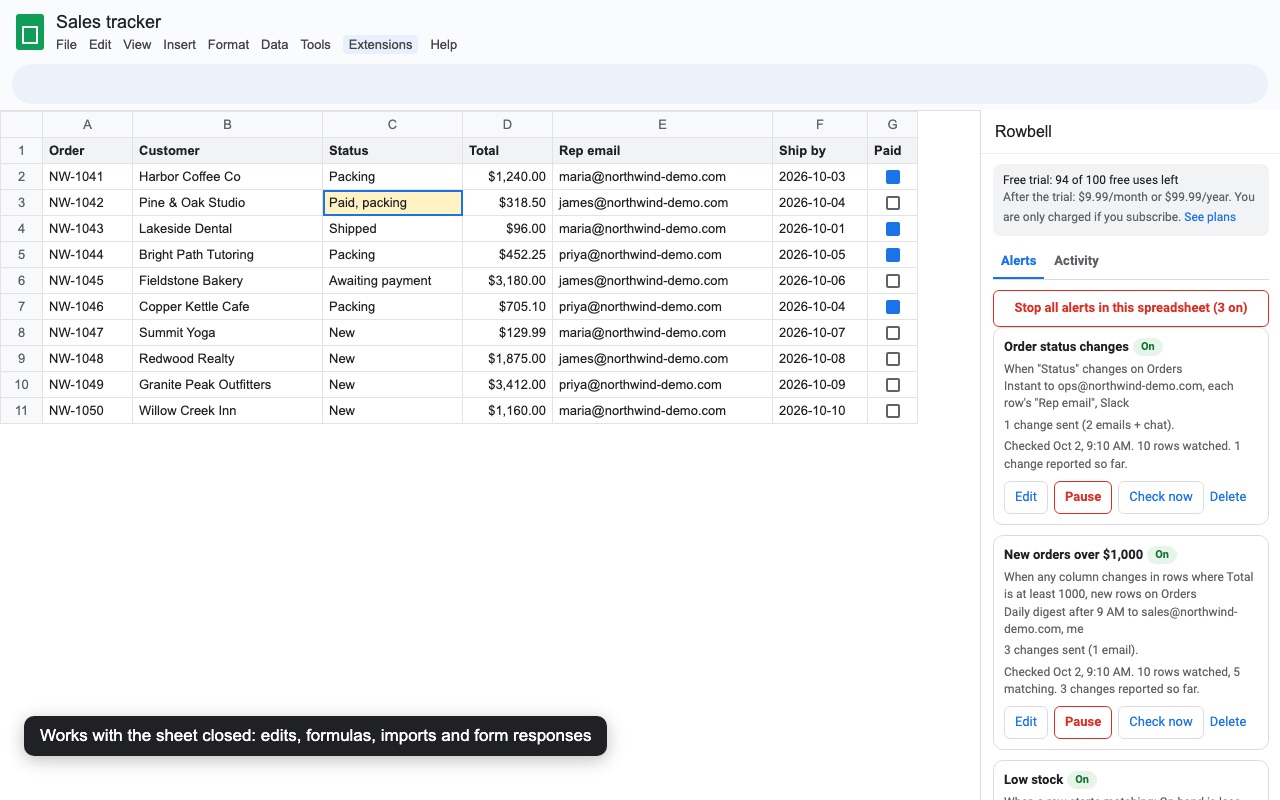 Rowbell: Alerts sidebar