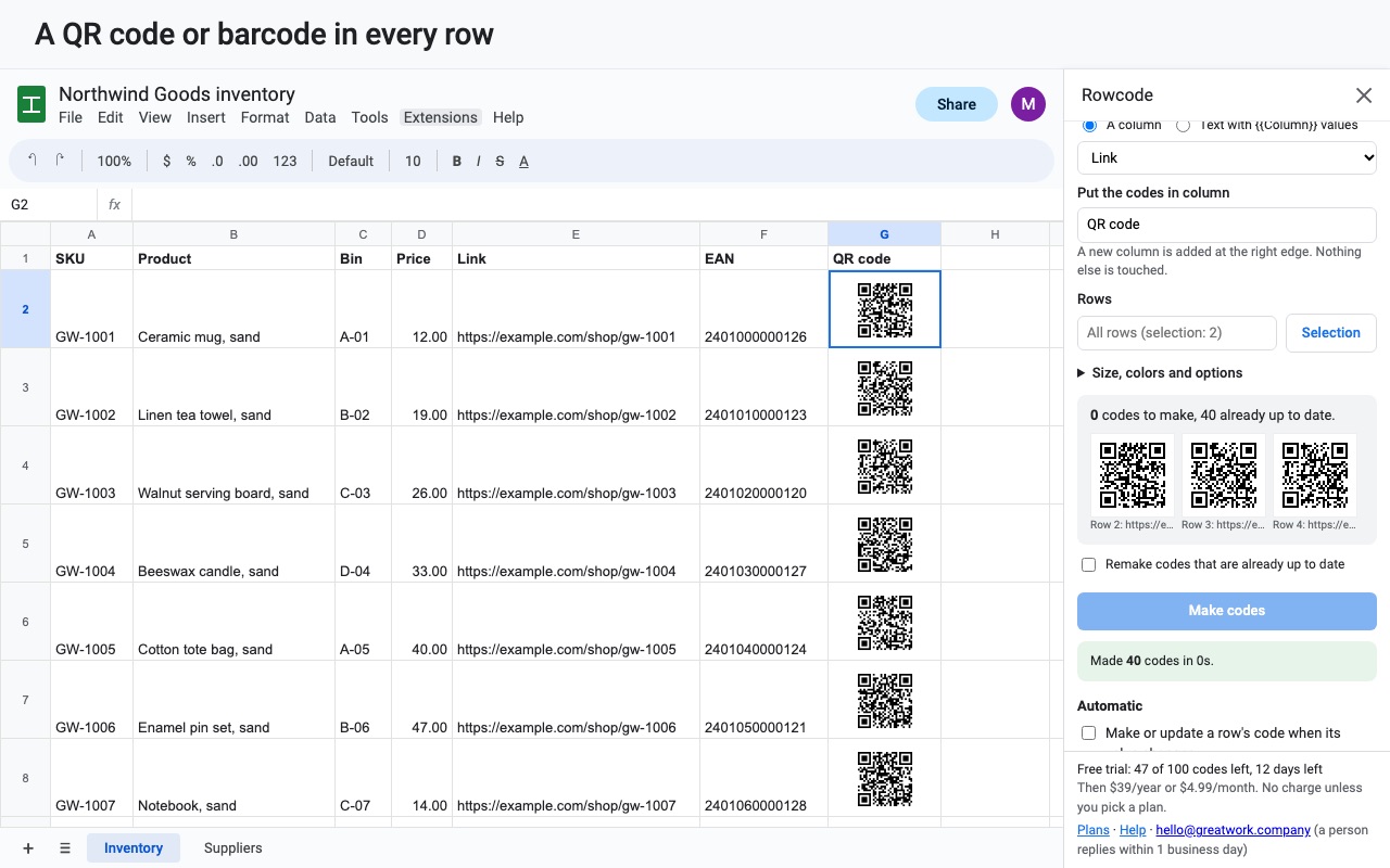 Rowcode: Codes in cells
