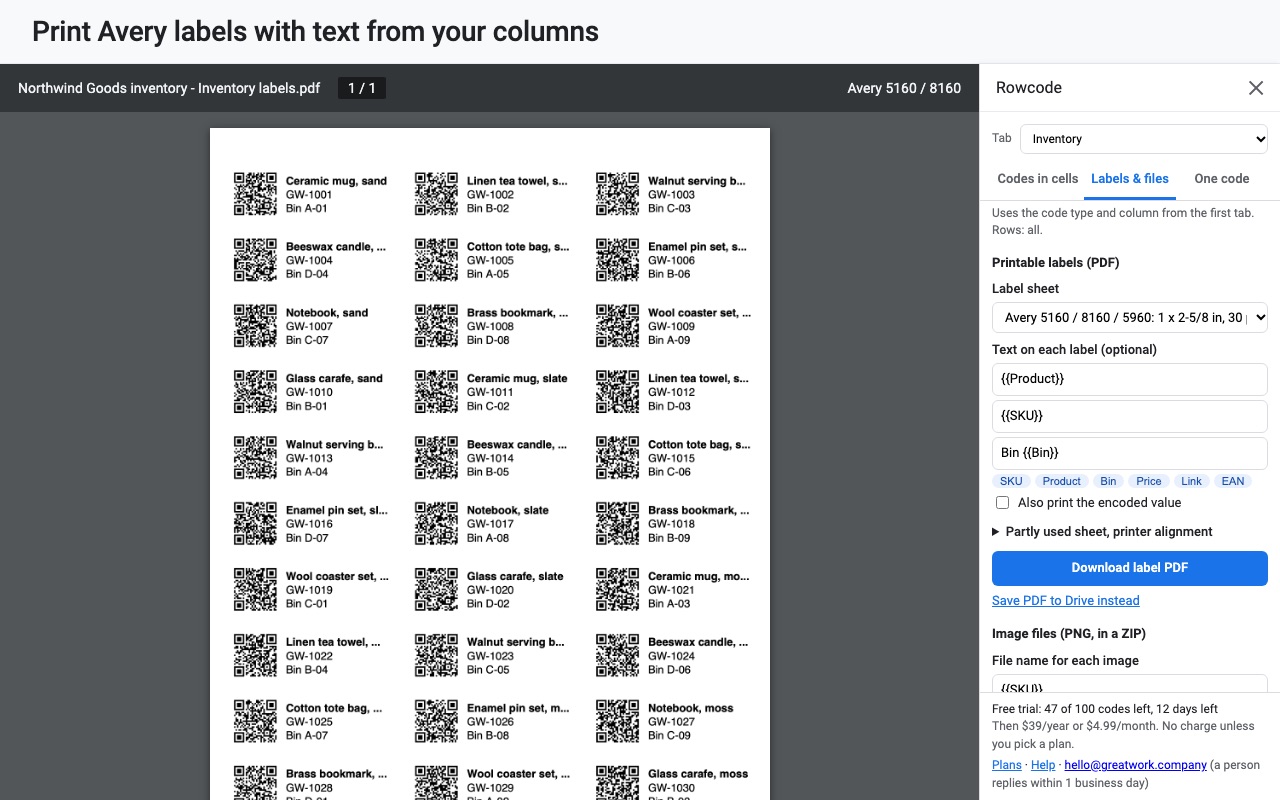 Rowcode: Avery labels
