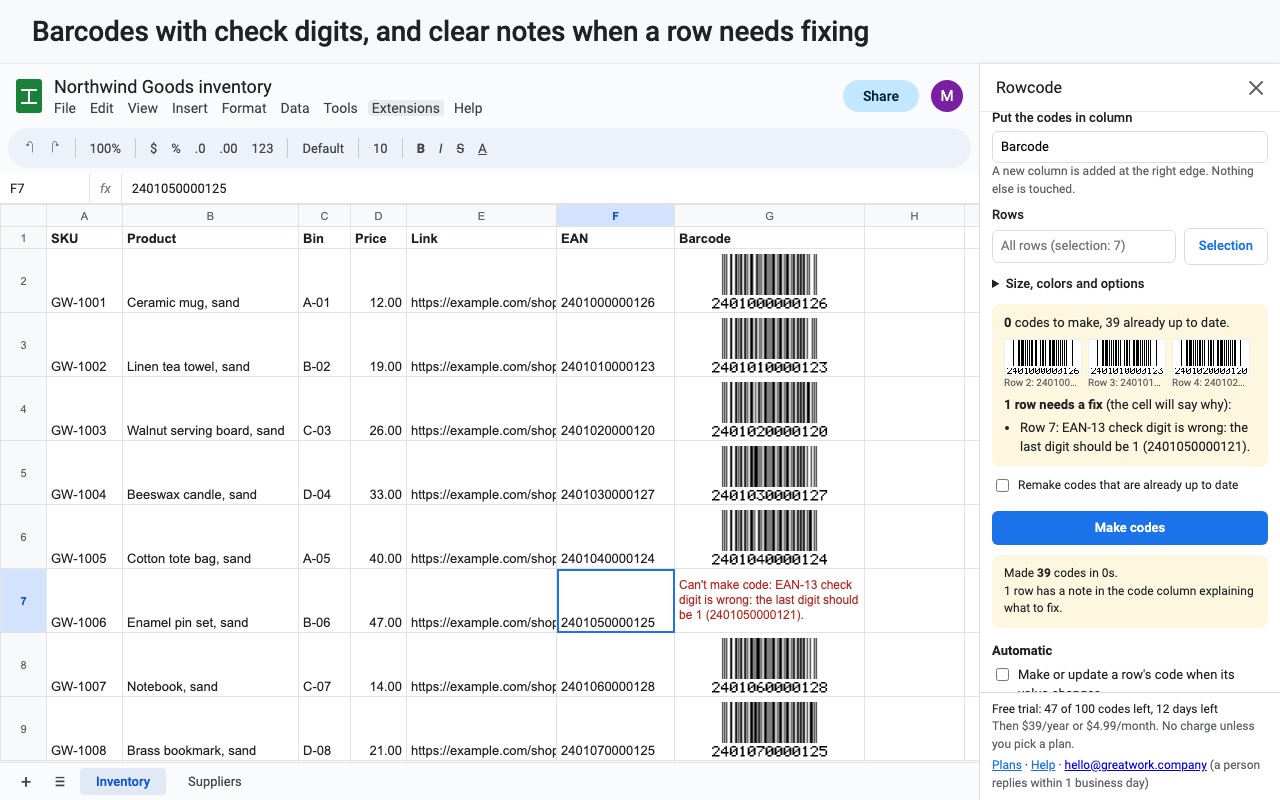 Rowcode: Barcodes check digits
