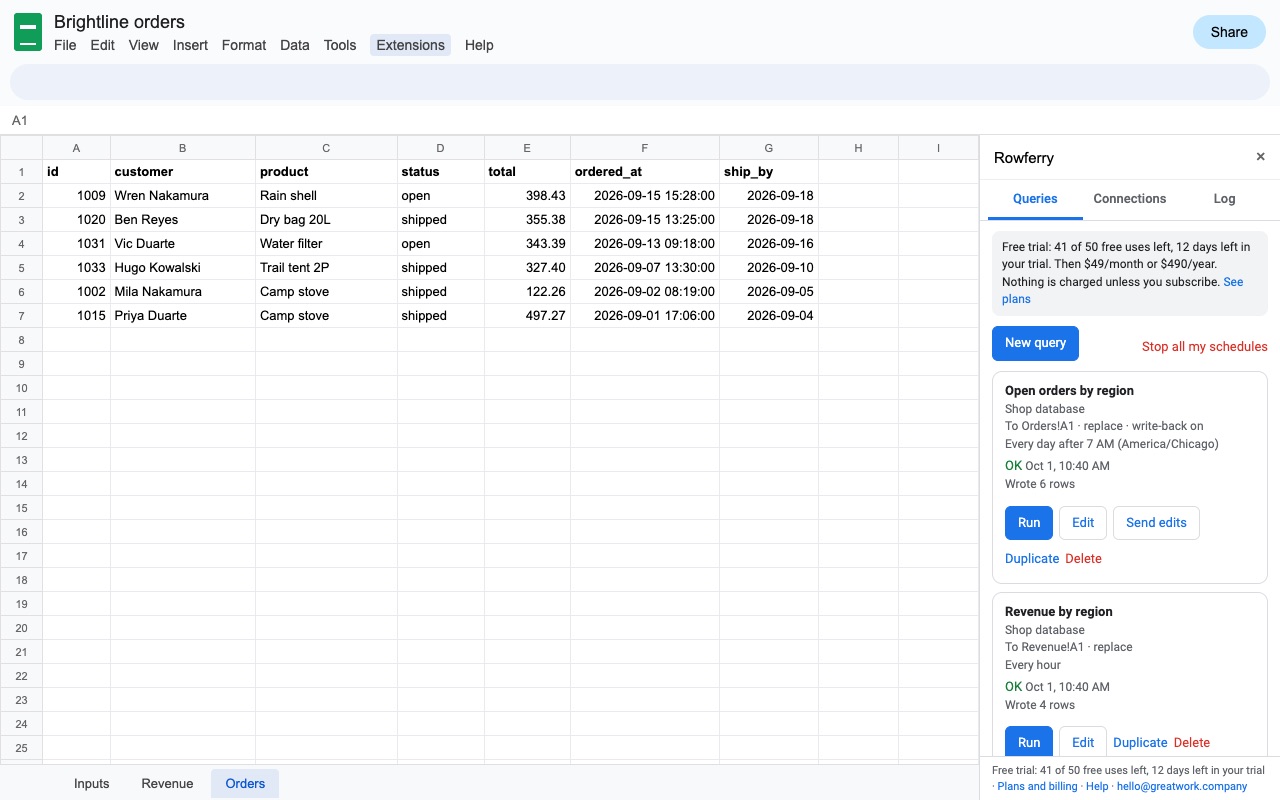 Rowferry: Queries and results
