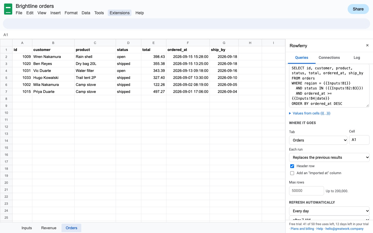 Rowferry: Sql with cell parameters
