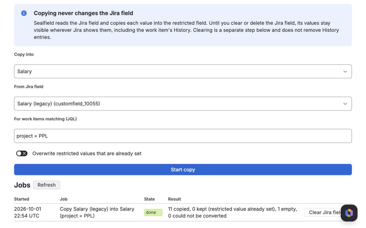 Sealfield: Admin copy job