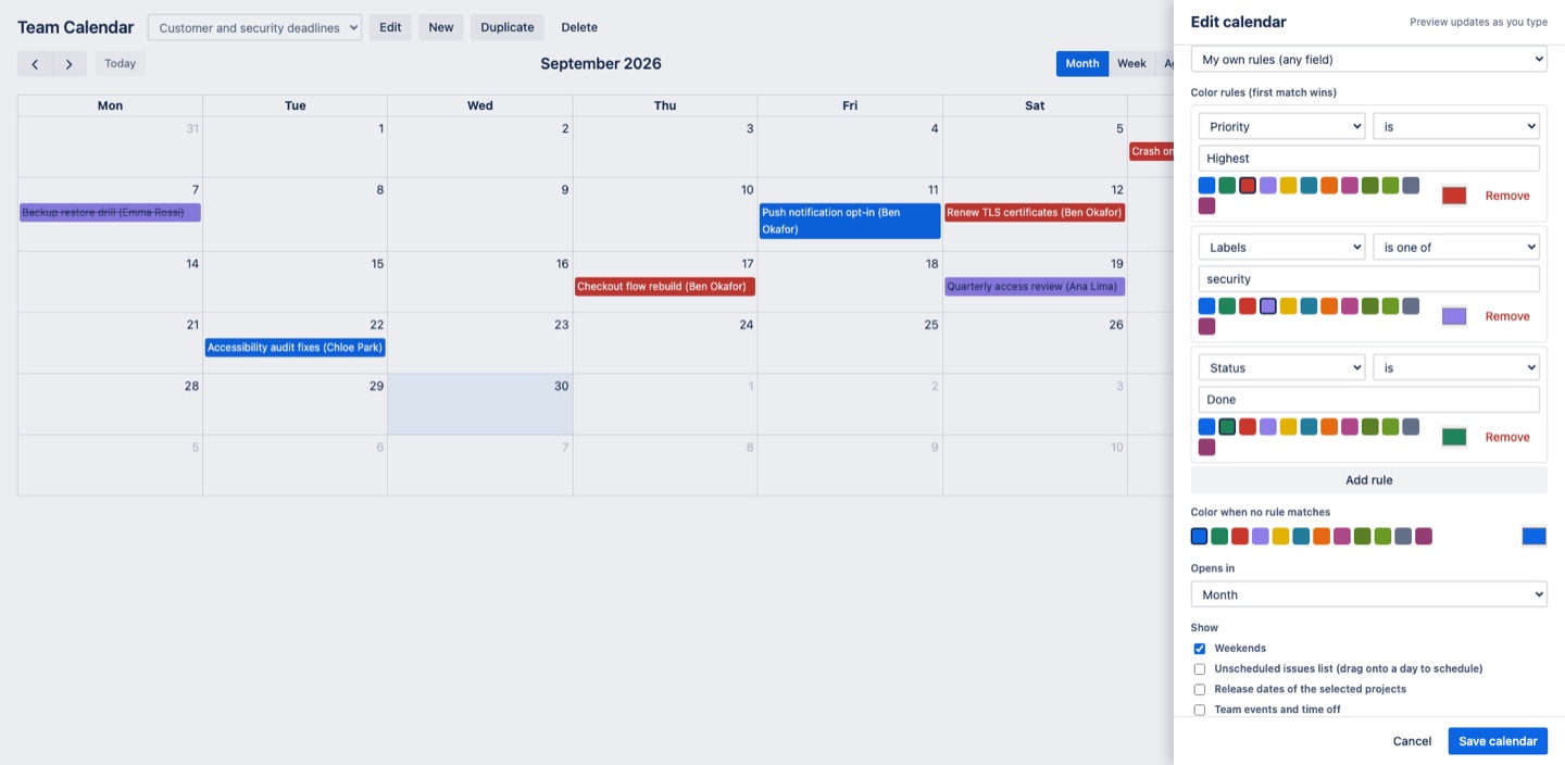 Team Calendar: Color rules editor