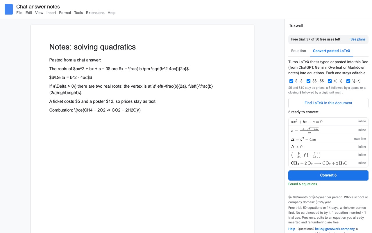 Texwell: Convert pasted latex