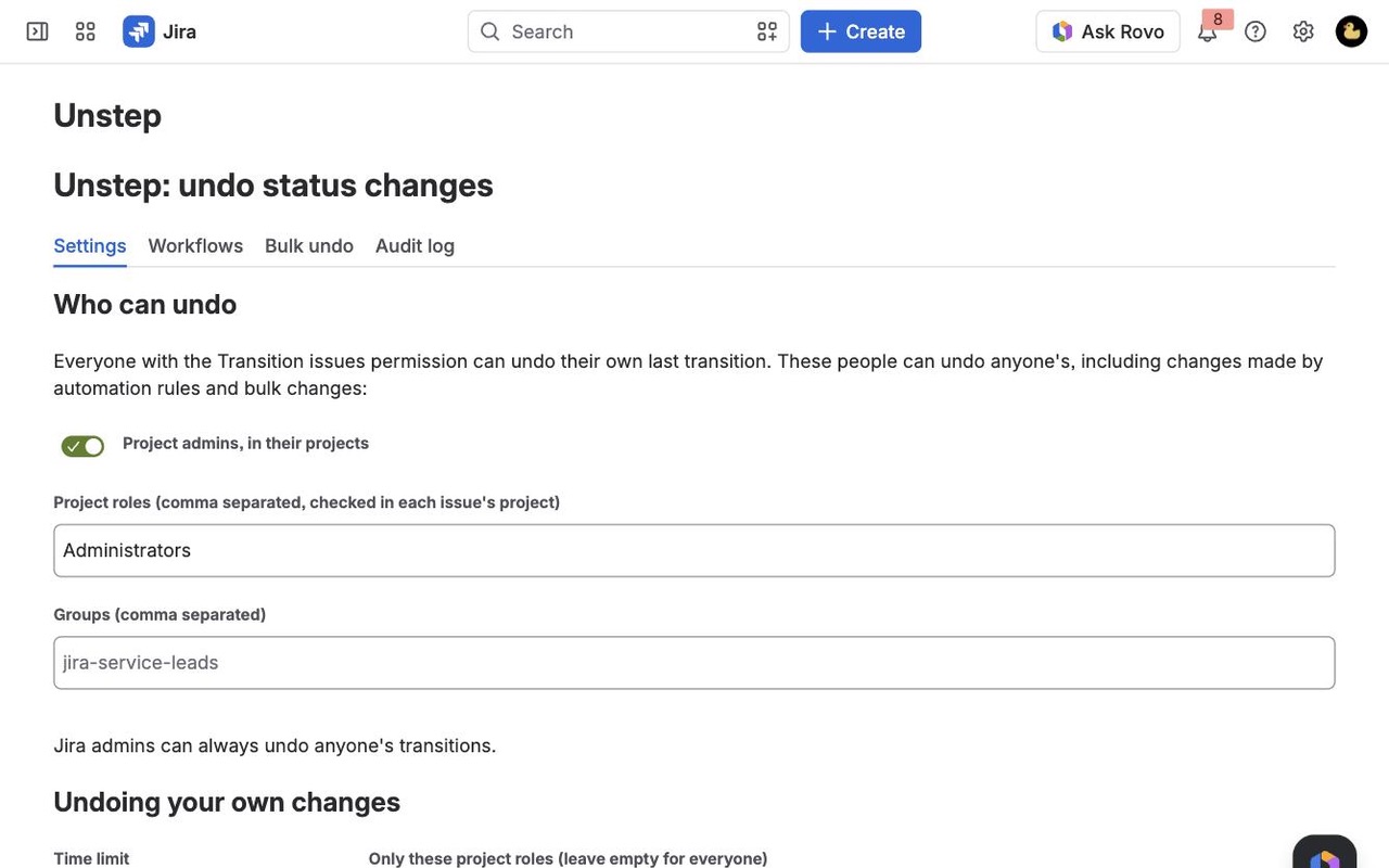 Unstep: Admin settings