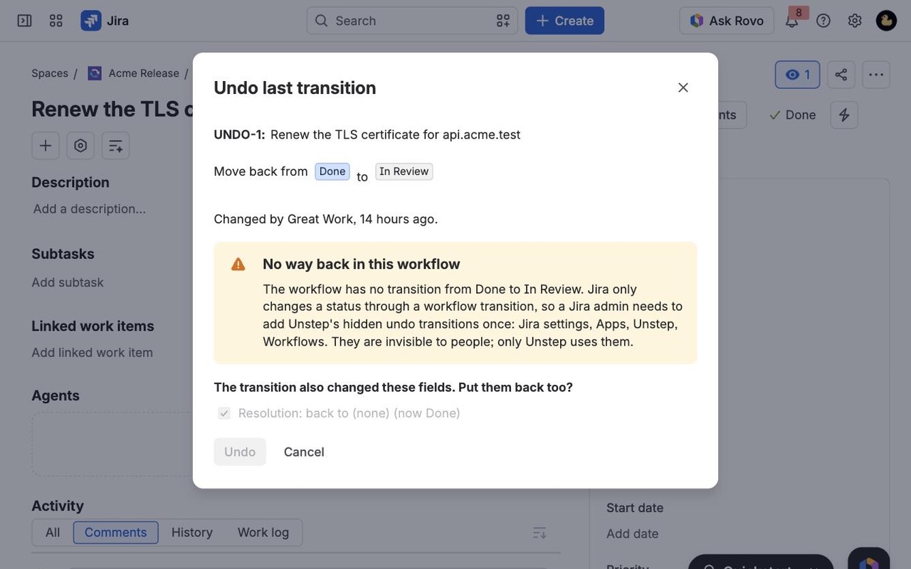 Unstep: Issue action no way back