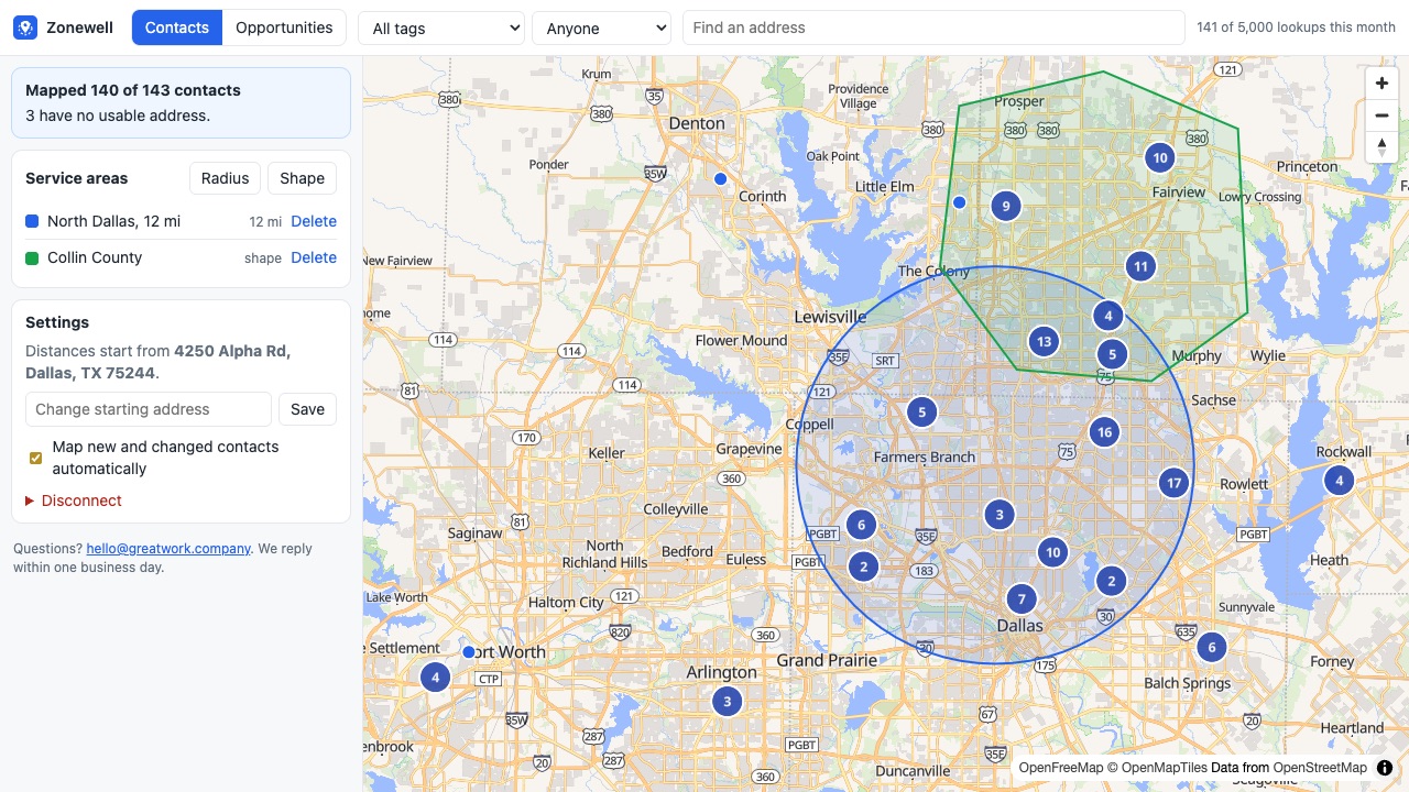 Zonewell: Contacts map