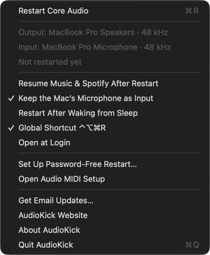 The AudioKick menu: Restart Core Audio, the current output and input device with sample rates, and the options below