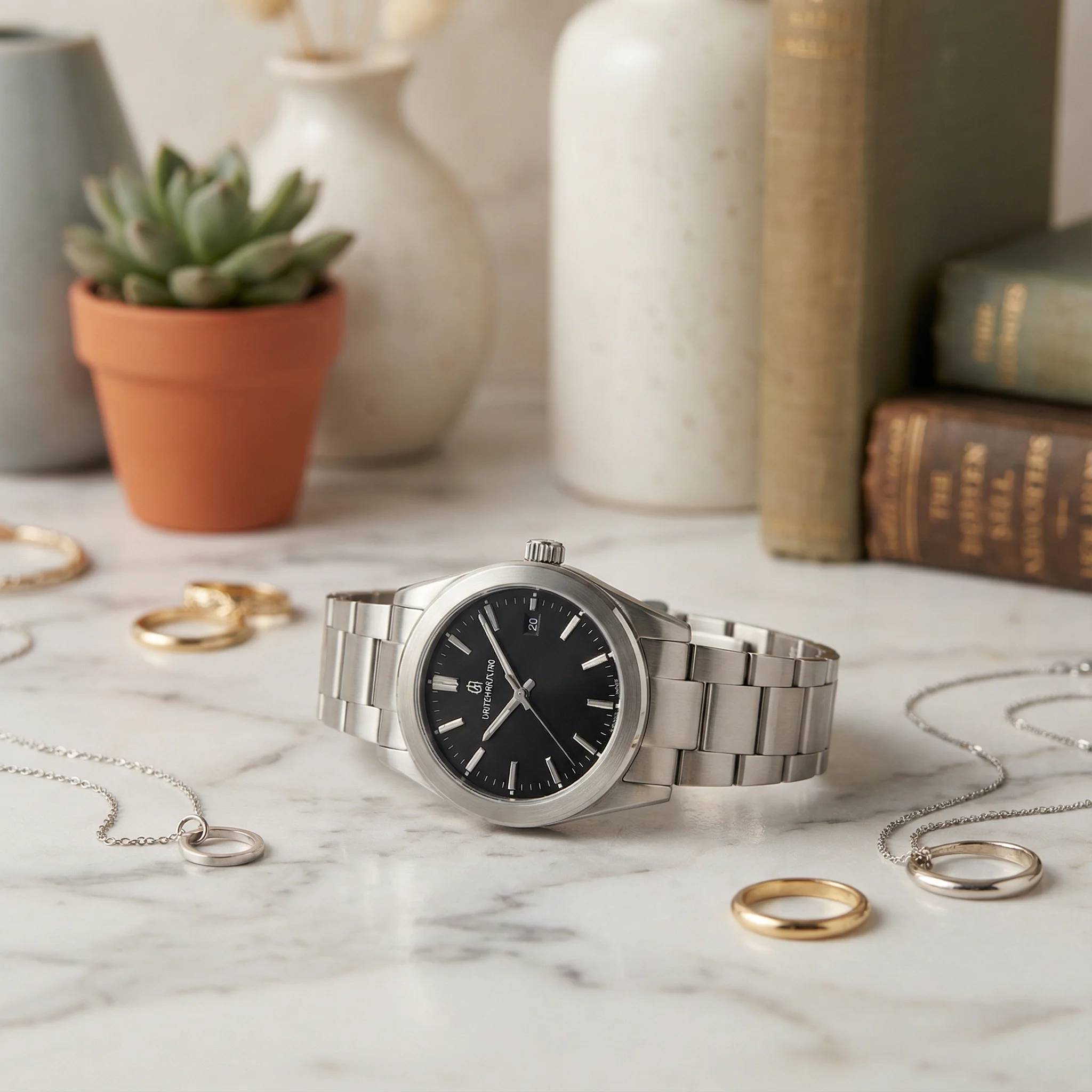 Watch on marble countertop with distracting background